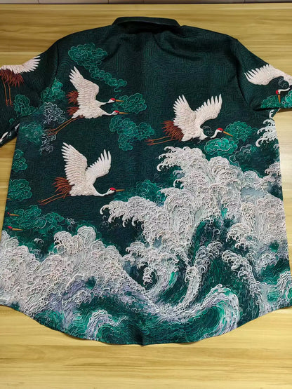 New Dark Green Embossed Dark Pattern Fabric with Flying Crane and Wave Printing for Men's Casual Short Sleeved Shirt