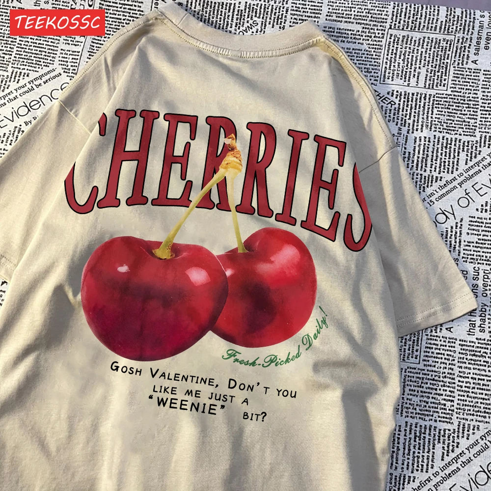 Trend Cotton Women'S T-Shirts Fresh Red Cherries Printing Tops Oversize O-Neck Soft Short Sleeve Summer Casual Female Clothes