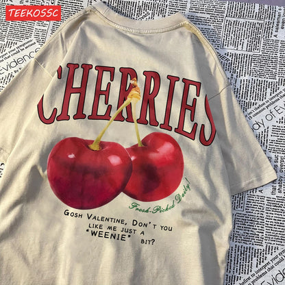 Trend Cotton Women'S T-Shirts Fresh Red Cherries Printing Tops Oversize O-Neck Soft Short Sleeve Summer Casual Female Clothes