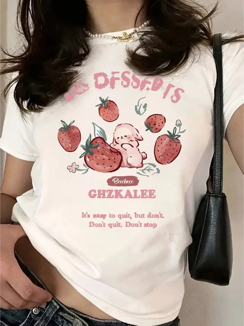 Women's T-Shirt - Cute Strawberry & Rabbit Graphic, Soft Casual Round Neck Tee with Inspirational Quote