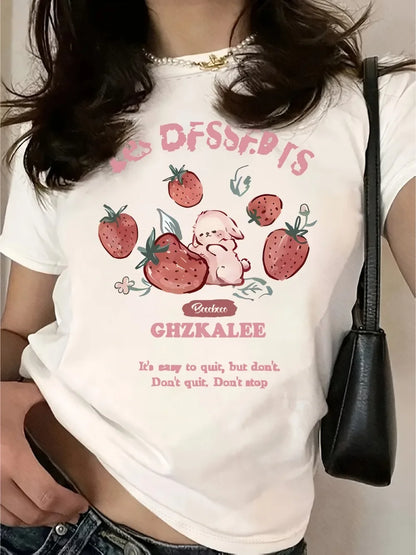 Women's T-Shirt - Cute Strawberry & Rabbit Graphic, Soft Casual Round Neck Tee with Inspirational Quote