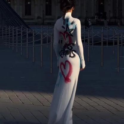 Women's Clothing 2025 New Fashion Fashionable High-neck Color-blocked Graffiti Long-sleeved Hip-hugging Close-fitting Long Dress