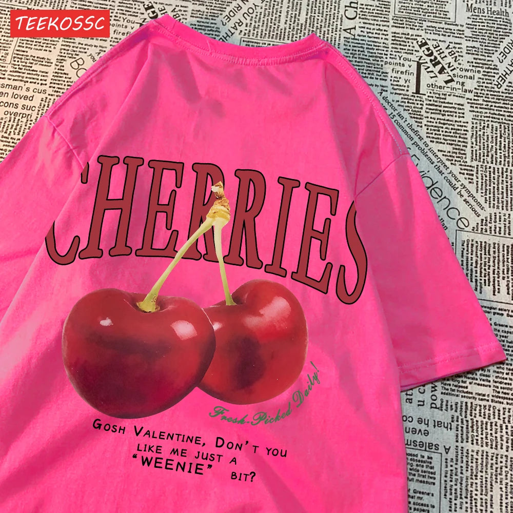 Trend Cotton Women'S T-Shirts Fresh Red Cherries Printing Tops Oversize O-Neck Soft Short Sleeve Summer Casual Female Clothes