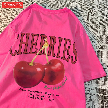 Trend Cotton Women'S T-Shirts Fresh Red Cherries Printing Tops Oversize O-Neck Soft Short Sleeve Summer Casual Female Clothes