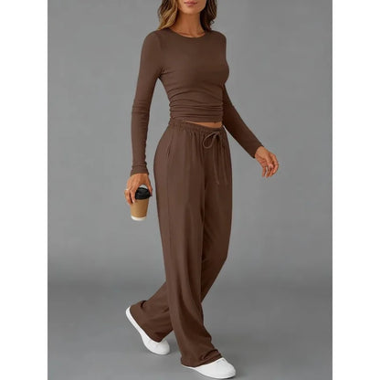 Women's Clothing European American Fashion Casual Sports Autumn Winter Solid Color Drawstring Long-sleeved Suit Pant Sets