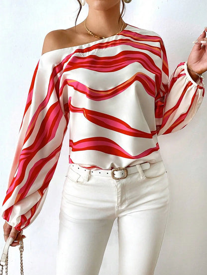 Women's Clothing 2024 Spring Summer New Style Temperament Off Shoulder One Neck Fashionable Printed Loose Women's Shirt
