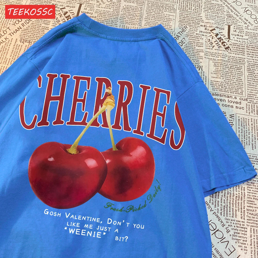 Trend Cotton Women'S T-Shirts Fresh Red Cherries Printing Tops Oversize O-Neck Soft Short Sleeve Summer Casual Female Clothes