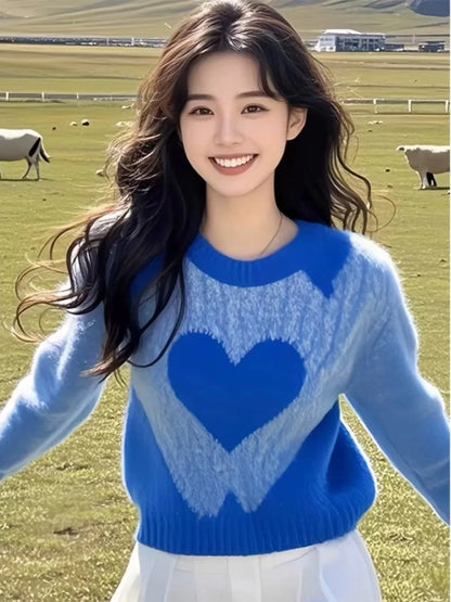 Women's Clothing Casual Blue Love Sweaters Autumn/winter New Long Sleeve Loose Gentle Pullover Lady O-neck All-match Fashion Top