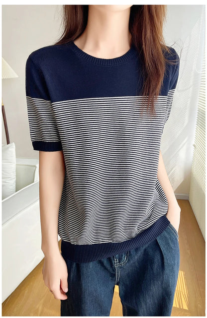 Women's T-Shirt Summer 100% Cotton Sweater Short Sleeve Striped Knitted Round Neck Ladies Tops Loose Blouse Pullover Tees