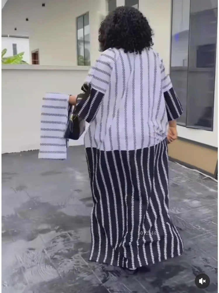 Women's clothing 2025 autumn new style sweet and fresh striped V-neck batsleeves loose large-size dress long dress
