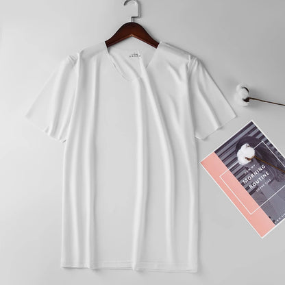 Men V Neck Ice Silk T Shirt Seamless Solid Color Slim Short Sleeve Summer Thin No Trace Invisible Bottoming Shirt Casual Daily