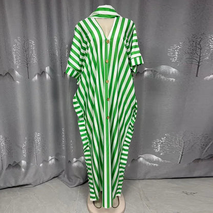 Women's clothing 2026 autumn new style sweet and fresh striped V-neck batsleeves loose large-size dress long dress