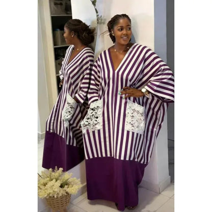 Women's clothing 2026 autumn new style sweet and fresh striped V-neck batsleeves loose large-size dress long dress