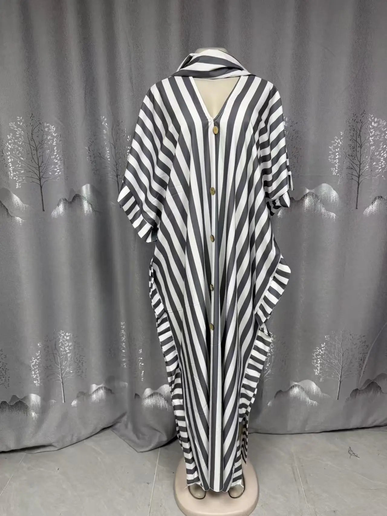 Women's clothing 2026 autumn new style sweet and fresh striped V-neck batsleeves loose large-size dress long dress