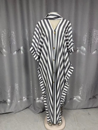 Women's clothing 2026 autumn new style sweet and fresh striped V-neck batsleeves loose large-size dress long dress