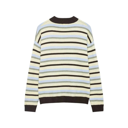 Women's Clothing 2025 Autumn New Item Sweet and Fresh Striped Long Sleeved Single Breasted Knitted Sweater Top