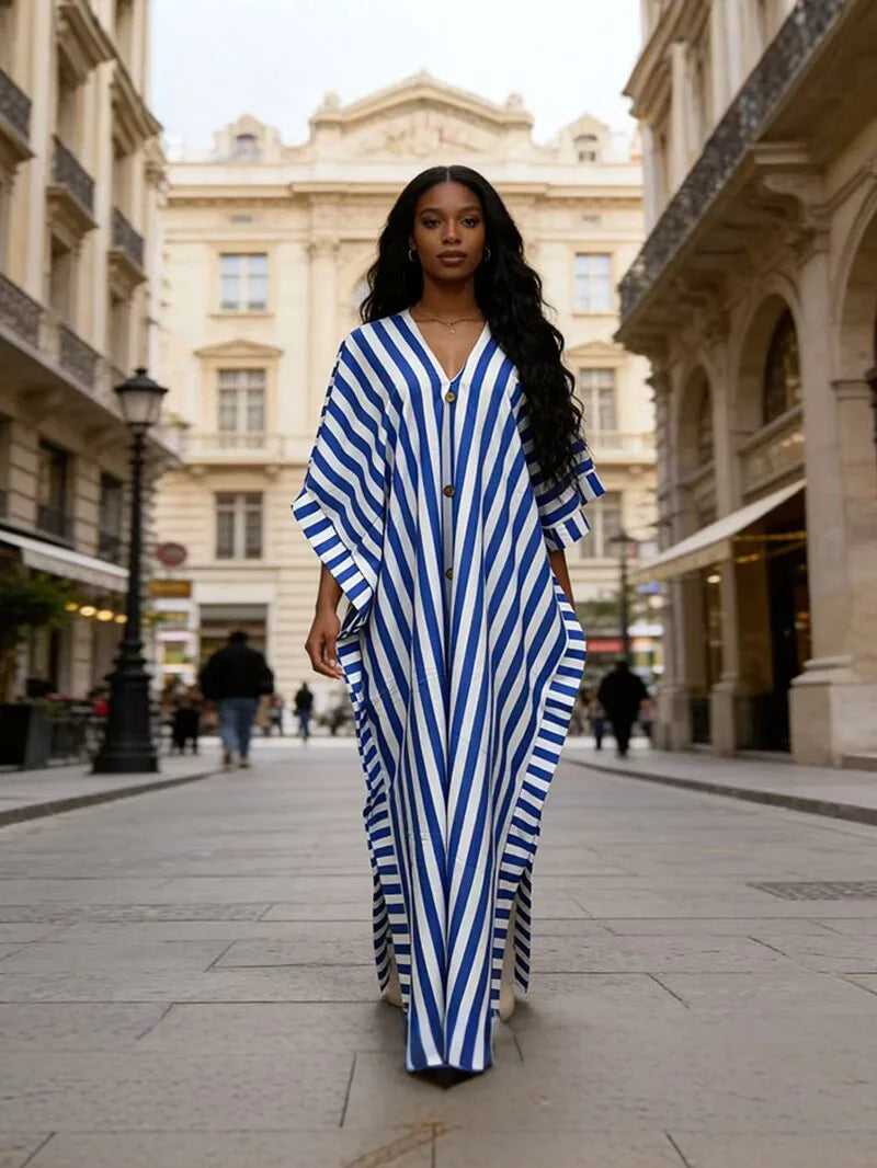 Women's clothing 2026 autumn new style sweet and fresh striped V-neck batsleeves loose large-size dress long dress