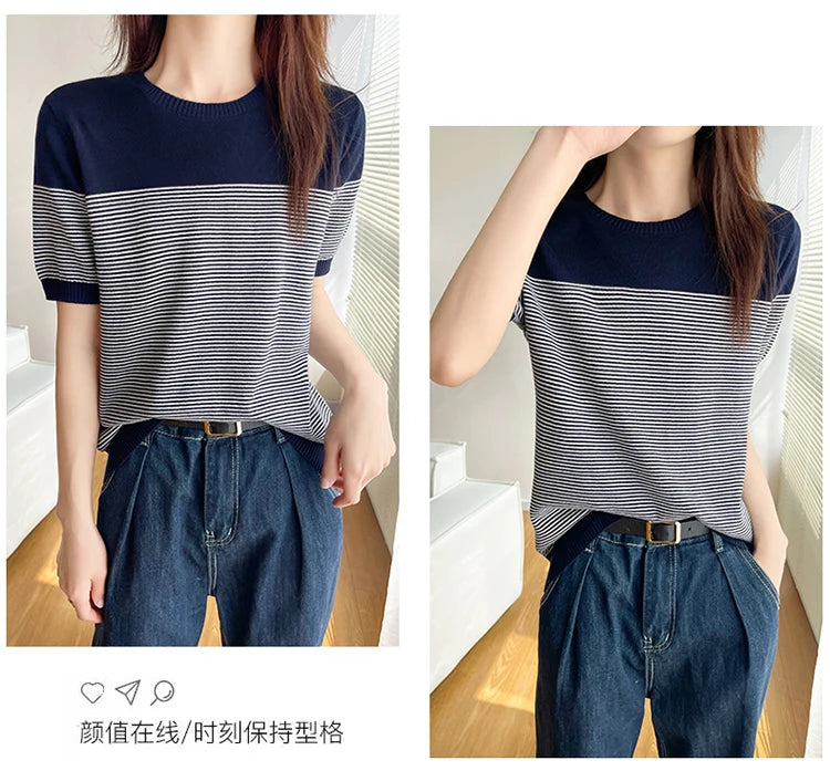 Women's T-Shirt Summer 100% Cotton Sweater Short Sleeve Striped Knitted Round Neck Ladies Tops Loose Blouse Pullover Tees