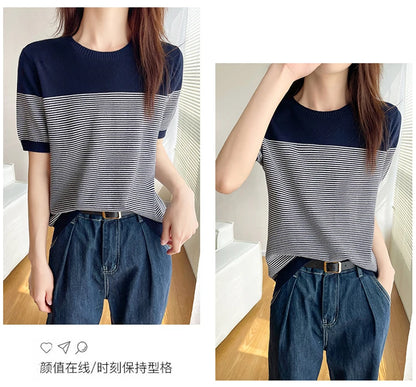 Women's T-Shirt Summer 100% Cotton Sweater Short Sleeve Striped Knitted Round Neck Ladies Tops Loose Blouse Pullover Tees