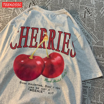 Trend Cotton Women'S T-Shirts Fresh Red Cherries Printing Tops Oversize O-Neck Soft Short Sleeve Summer Casual Female Clothes