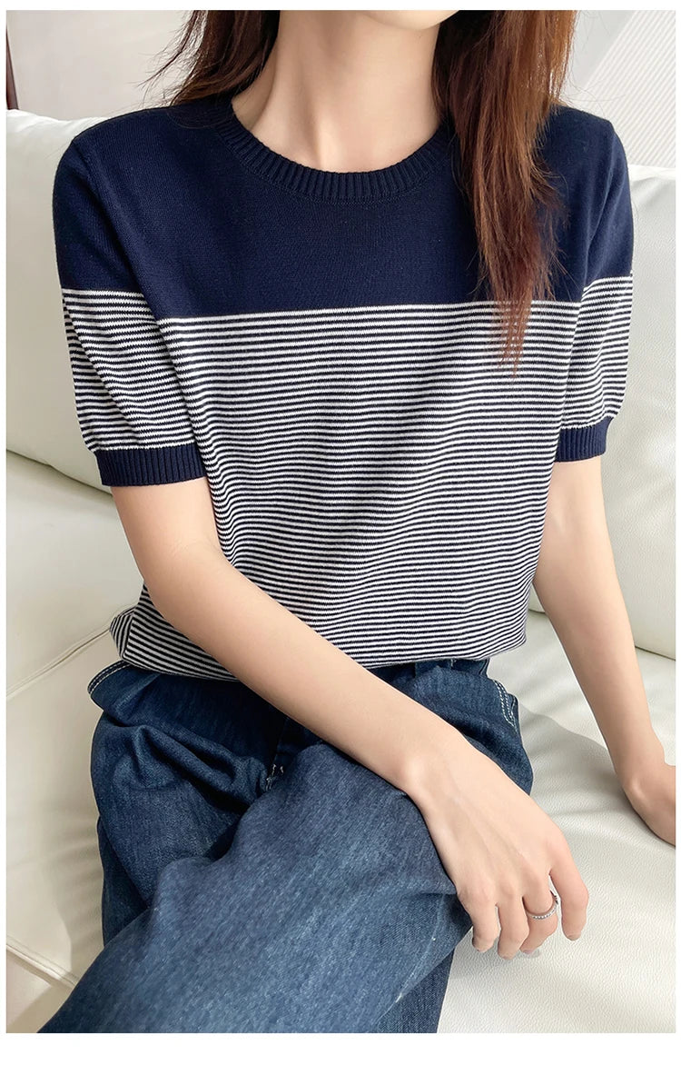 Women's T-Shirt Summer 100% Cotton Sweater Short Sleeve Striped Knitted Round Neck Ladies Tops Loose Blouse Pullover Tees