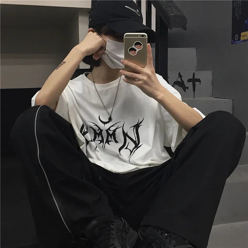 Women T Shirt Hip-Hop Loose Punk Letter Print Tops Tee Black T-shirt Female Summer T-shirt  Graphic Tee Female Cute Tops Tee