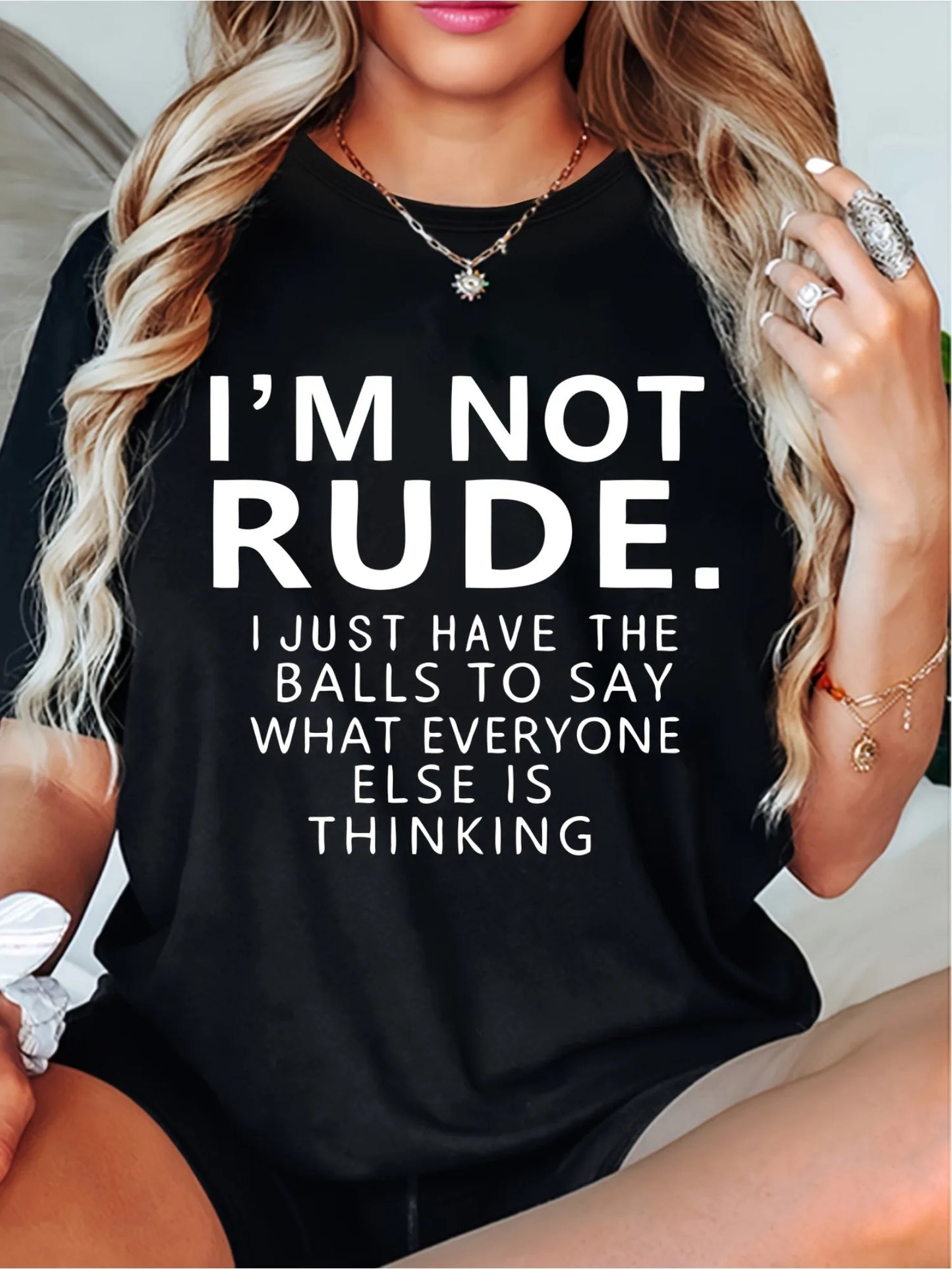 Women's T-shirt Simple Design Showing Natural and Elegant Style Fashion I'm Not Rude Letter Printed Casual Soft Round Neck Tops