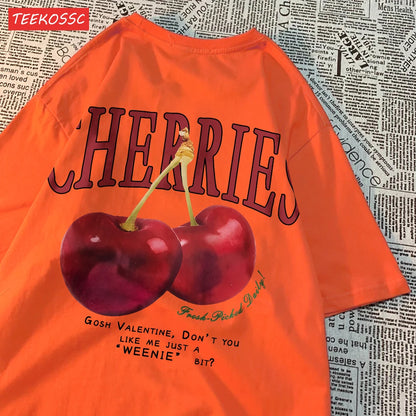 Trend Cotton Women'S T-Shirts Fresh Red Cherries Printing Tops Oversize O-Neck Soft Short Sleeve Summer Casual Female Clothes