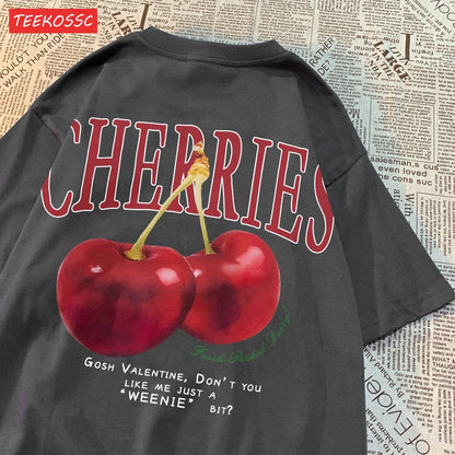 Trend Cotton Women'S T-Shirts Fresh Red Cherries Printing Tops Oversize O-Neck Soft Short Sleeve Summer Casual Female Clothes
