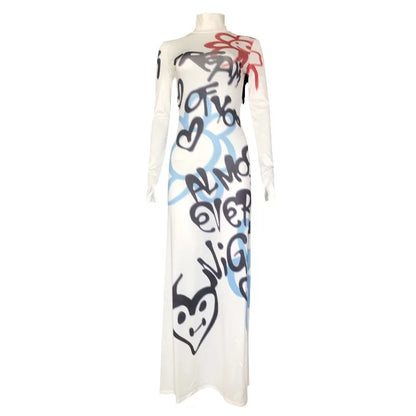 Women's Clothing 2025 New Fashion Fashionable High-neck Color-blocked Graffiti Long-sleeved Hip-hugging Close-fitting Long Dress
