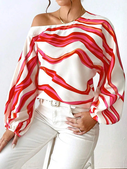 Women's Clothing 2024 Spring Summer New Style Temperament Off Shoulder One Neck Fashionable Printed Loose Women's Shirt
