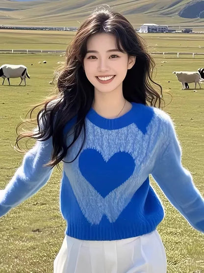 Women's Clothing Casual Blue Love Sweaters Autumn/winter New Long Sleeve Loose Gentle Pullover Lady O-neck All-match Fashion Top