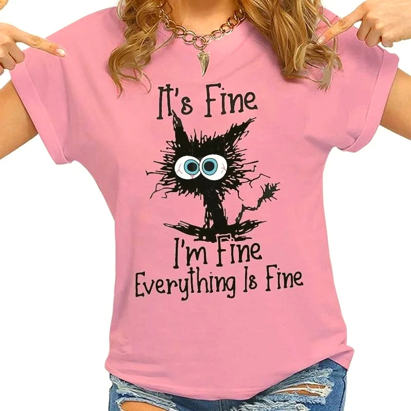 Women’s Cat Graphic T-Shirt “It’s Fine” Casual Tee