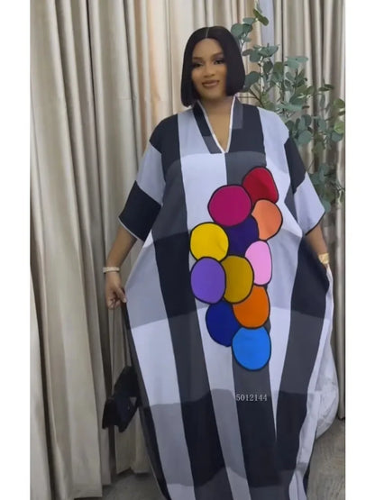 Women's clothing 2025 autumn new style sweet and fresh striped V-neck batsleeves loose large-size dress long dress