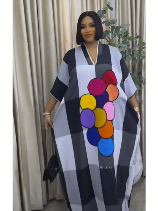 Women's clothing 2025 autumn new style sweet and fresh striped V-neck batsleeves loose large-size dress long dress
